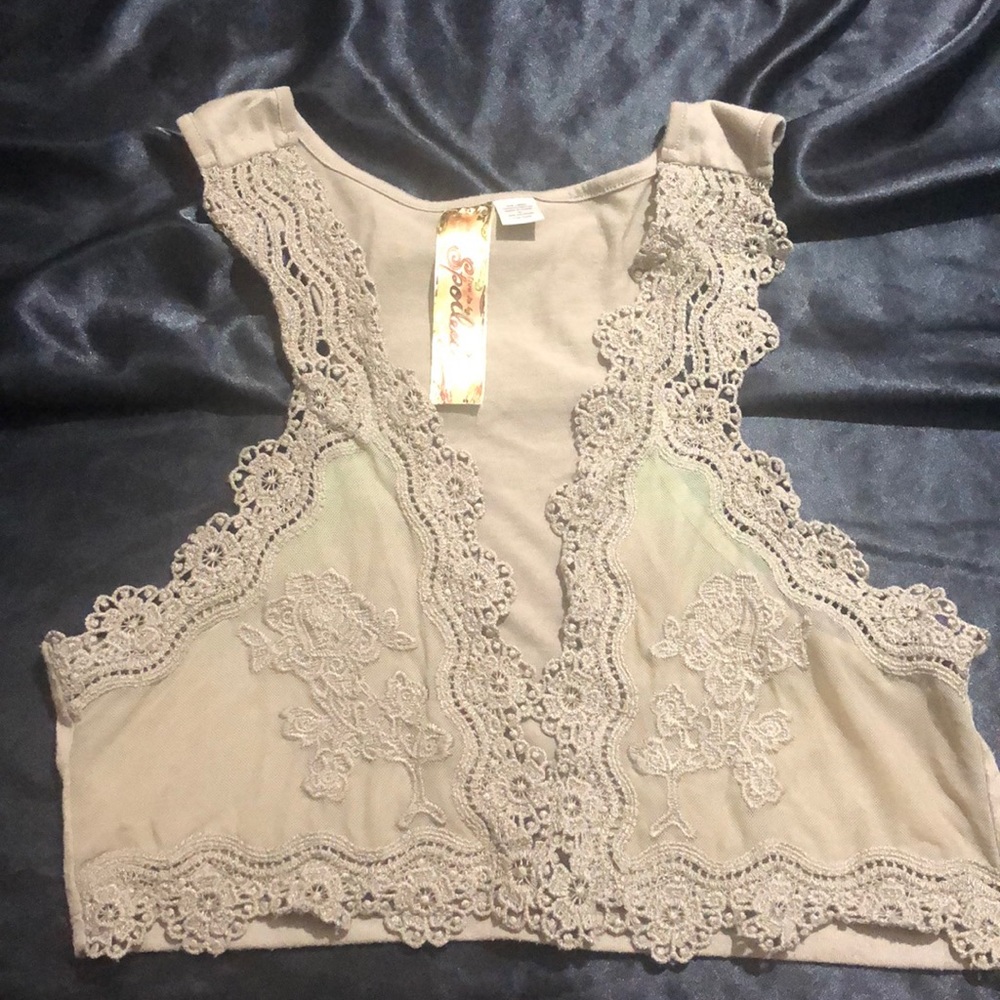 Spoiled Tan Vest with lace appliqué